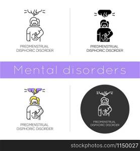 Predmenstrual dysphoric disorder icon. Menstrual cramp. Woman in pain. Physical tension. Premenstrual health care. Mental issue. Flat design, linear and color styles. Isolated vector illustrations