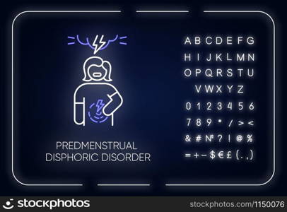 Predmenstrual dysphoric disorder neon light icon. Menstrual cramp. Woman in pain. PMS. Premenstrual health care. Glowing sign with alphabet, numbers and symbols. Vector isolated illustration