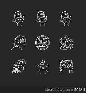 Predmenstrual syndrome chalk icons set. Female facial treatment. Acne and pimples. Sadness and stress. Food craving. Emotional outburst. Poor concentration. Isolated vector chalkboard illustrations