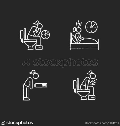 Predmenstrual syndrome chalk icons set. Menstruation symptoms. Constipation and stomach ache. Insomnia and sleep deprivation. Fatigue. Diarrhea, sickness. Isolated vector chalkboard illustrations