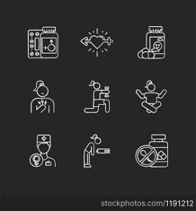 Predmenstrual syndrome chalk icons set. Replacement therapy. Gynecology. Libido racing. Antidepressant. Fatigue. Birth control. Chest pain. Exercise. Isolated vector chalkboard illustrations