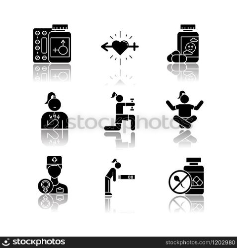 Predmenstrual syndrome drop shadow black glyph icons set. Gynecology. Libido racing. Antidepressant. Fatigue. Birth control. Chest pain. Exercise and meditation. Isolated vector illustrations