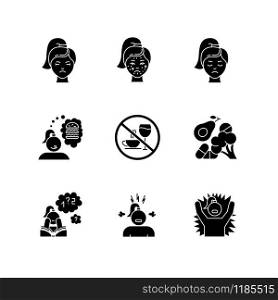 Predmenstrual syndrome glyph icons set. Facial treatment. Acne and pimples. Sadness and stress. Food craving. Emotional outburst. Poor concentration. Silhouette symbols. Vector isolated illustration