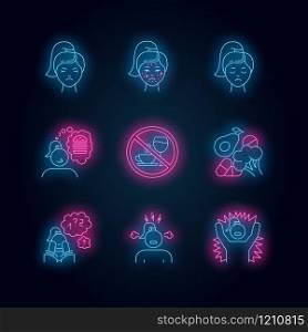 Predmenstrual syndrome neon light icons set. Female facial treatment. Acne and pimples. Food craving. Emotional outburst. Poor concentration. Glowing signs. Vector isolated illustrations