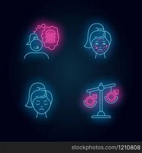 Predmenstrual syndrome neon light icons set. Food craving. Girl hungry for burger. Dermatology, cosmetology. Sadness and stress. Hormonal disbalance. Glowing signs. Vector isolated illustrations