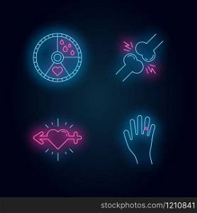 Predmenstrual syndrome neon light icons set. Menstrual cycle. Joint pain. Libido racing. Sex drive. Swollen hand. Muscle strain. Gain weight. Glowing signs. Vector isolated illustrations