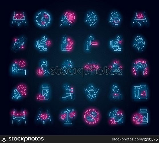 Predmenstrual syndrome neon light icons set. Menstrual cycle. Period abdominal pain. Food craving. Birth control. Aromatherapy Hormone imbalance. Glowing signs. Vector isolated illustrations