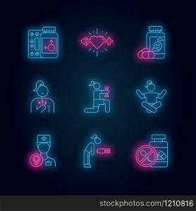 Predmenstrual syndrome neon light icons set. Replacement therapy. Gynecology. Libido racing. Antidepressant. Fatigue. Birth control. Chest pain. Glowing signs. Vector isolated illustrations