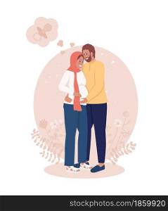 Pregnancy 2D vector isolated illustration. Couple expecting baby. Anticipating child birth. Wife and husband. Young family flat characters on cartoon background. Parenthood colourful scene. Pregnancy 2D vector isolated illustration