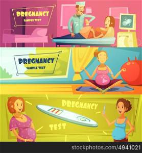 Pregnancy 3 Horizontal Retro Banners Set . Pregnancy strop test ultrasound scan and exercises 3 horizontal banners set with text sample abstract isolated vector illustration