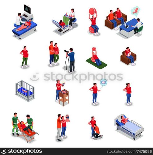 Pregnancy and birth isometric icons set with pregnant women and parents in different situation isolated on white background 3d vector illustration