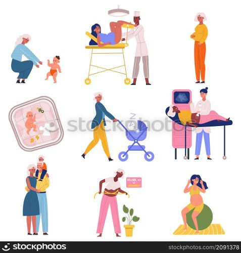 Pregnancy and childbirth scenes, young parents daily activities. Motherhood and newborn baby daily activity vector illustration set. Maternity, parenting scenes. Character walking with stroller. Pregnancy and childbirth scenes, young parents daily activities. Motherhood and newborn baby daily activity vector illustration set. Maternity, parenting scenes