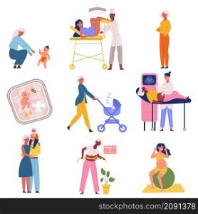 Pregnancy and childbirth scenes, young parents daily activities. Motherhood and newborn baby daily activity vector illustration set. Maternity, parenting scenes. Character walking with stroller. Pregnancy and childbirth scenes, young parents daily activities. Motherhood and newborn baby daily activity vector illustration set. Maternity, parenting scenes