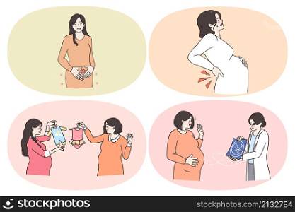 Pregnancy and expecting for baby concept. Set of happy smiling pregnant woman looking at ultrasound from doctor feeling happy expecting choosing clothes for kid vector illustration. Pregnancy and expecting for baby concept