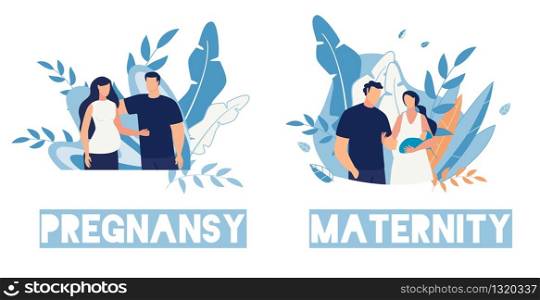 Pregnancy and Maternity Cartoon People Characters Cards Set. Happy Family, Husband and Wife Wait for Childbirth and Babysit. Parenthood and Healthcare. Vector Flat Illustration with Natural Design. Pregnancy and Maternity Cartoon People Cards Set