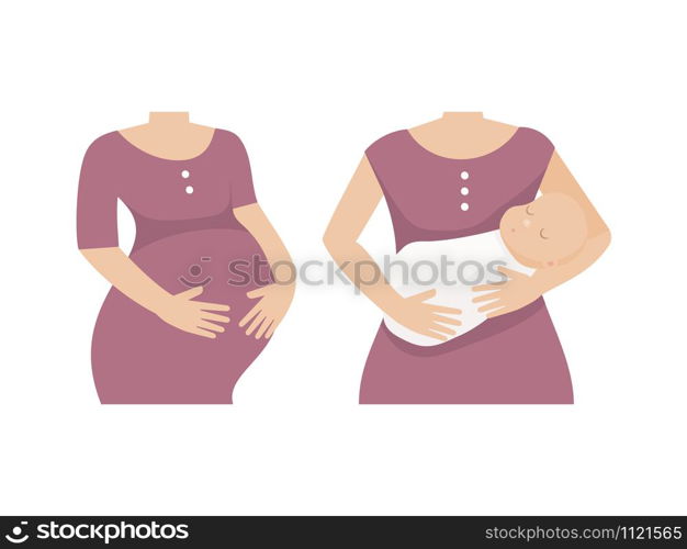 Pregnancy and maternity women set. Before and after with baby. Flat vector illustration