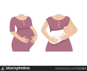 Pregnancy and maternity women set. Before and after with baby. Flat vector illustration