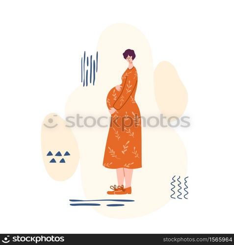 Pregnancy and motherhood concept - beautiful pregnant woman waiting for a baby. Happy mom is expecting baby on abstract background - Vector illustration for card, poster and more. motherhood concept - woman and baby