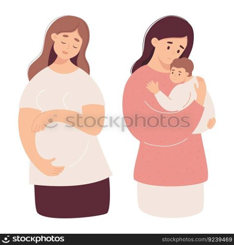 Pregnancy and motherhood. Cute happy pregnant girl and young mother with newborn baby in her arms. Vector illustration in flat cartoon style. Isolated female characters