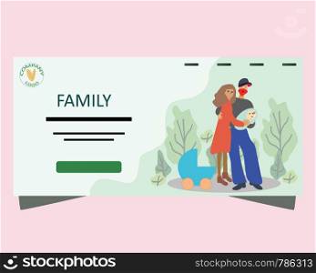 Pregnancy and parenthood concept illustrations. happy family weekend, time together, outdoor activities. Couple holding a newborn baby, parents with a baby. Adoption. App, website or Web Page. illustration.. Landing page parenthood concept