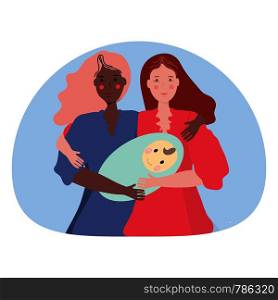 Pregnancy and parenthood concept illustrations. LGBT parenting. Happy female couple holding a newborn baby, gay couple baby. Adoption. App, website or Web Page. illustration.. Female couple holding a newwborn baby. LGBT