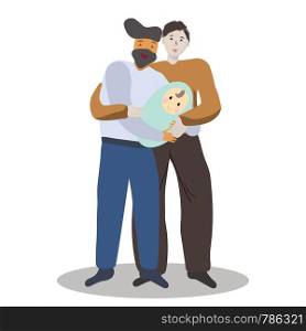 Pregnancy and parenthood concept illustrations. LGBT parenting. Male couple holding a newborn baby, gay couple baby. Adoption. App, website or Web Page. illustration.. Happy male couple holding a newborn baby. LGBT