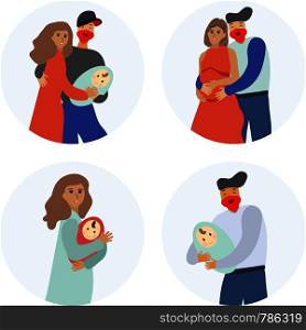 Pregnancy and parenthood concept illustrations. LGBT parenting. Scenes with pregnant woman, woman holding a newborn baby, man holding a newborn baby, couple expecting couple, parents with a baby. Adoption. App, website or Web Page. illustration.. Happy couples expecting holding a baby
