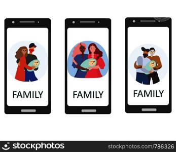 Pregnancy and parenthood concept illustrations. LGBT parenting. Various scenes with woman holding a newborn baby, man holding a newborn baby, parents with a baby. Adoption. Mobiel App, website or Web Page. illustration.. Mobile app with diverse newborn families LGBT