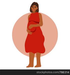 Pregnancy and parenthood concept illustrations. LGBT parenting. Woman holding pregnant belly. Adoption. App, website or Web Page. illustration.. Happy pregnant lady caressing tummy
