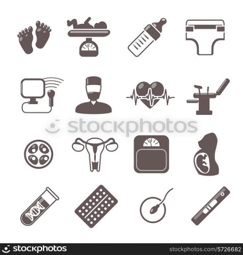 Pregnancy birth motherhood and parenting black icons set isolated vector illustration