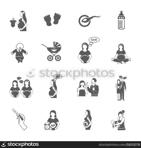 Pregnancy black icon set with expectant mother and child symbols isolated vector illustration. Pregnancy Black Icon Set