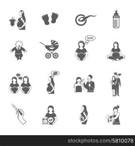 Pregnancy black icon set with expectant mother and child symbols isolated vector illustration. Pregnancy Black Icon Set