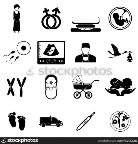 Pregnancy black simple icons set isolated on white background. Pregnancy black simple icons set