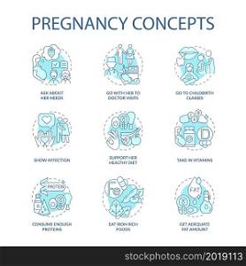 Pregnancy blue concept icons set. Expecting mother needs idea thin line color illustrations. Support her healthy diet. Take in vitamins. Vector isolated outline drawings. Editable stroke. Pregnancy blue concept icons set