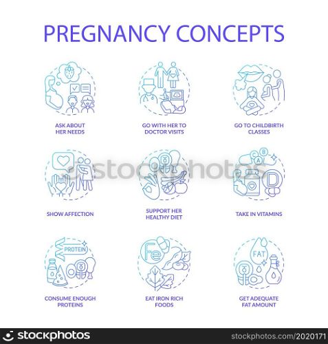 Pregnancy blue gradient concept icons set. Expecting mother needs idea thin line color illustrations. Consume enough proteins. Show affection. Eat iron rich foods. Vector isolated outline drawings. Pregnancy blue gradient concept icons set