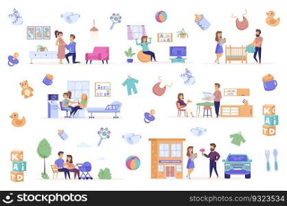 Pregnancy bundle of flat scenes. Everyday life during pregnancy and after childbirth isolated set. Doctors exam, sports exercising, maternity hospital, walking in park. Cartoon vector illustration.