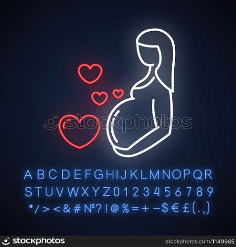 Pregnancy care neon light icon. Prenatal period. Motherhood, parenthood. Expecting baby, child. Medical procedure. Glowing sign with alphabet, numbers and symbols. Vector isolated illustration