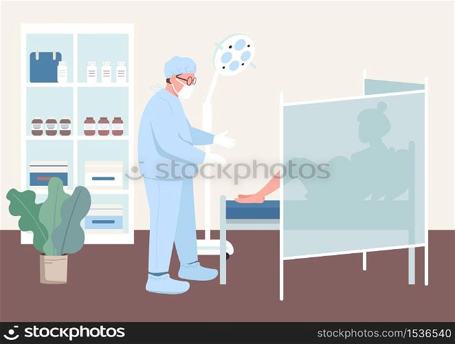 Pregnancy checkup flat color vector illustration. Clinical health examination. Pregnant woman in gynecologist cabinet. Doctor and patient 2D cartoon characters with interior on background. Pregnancy checkup flat color vector illustration