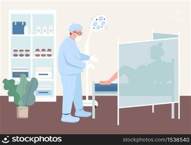 Pregnancy checkup flat color vector illustration. Clinical health examination. Pregnant woman in gynecologist cabinet. Doctor and patient 2D cartoon characters with interior on background. Pregnancy checkup flat color vector illustration