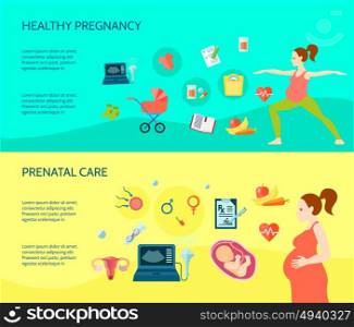 Pregnancy Compositions Set . Pregnancy horizontal compositions set with healthy pregnancy symbols flat isolated vector illustration