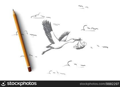 Pregnancy concept. Hand drawn stork in flight delivering a newborn baby. Symbol of newborn child isolated vector illustration.. Pregnancy concept. Hand drawn isolated vector.