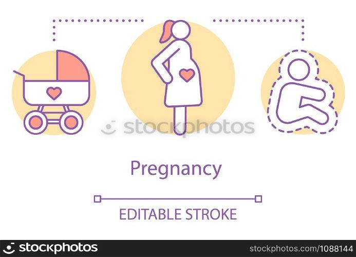 Pregnancy concept icon. Child bearing idea thin line illustration. Prenatal care. Fertility, reproductive system. Baby carriage, maternity. Vector isolated outline drawing. Editable stroke