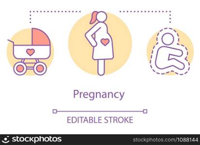 Pregnancy concept icon. Child bearing idea thin line illustration. Prenatal care. Fertility, reproductive system. Baby carriage, maternity. Vector isolated outline drawing. Editable stroke