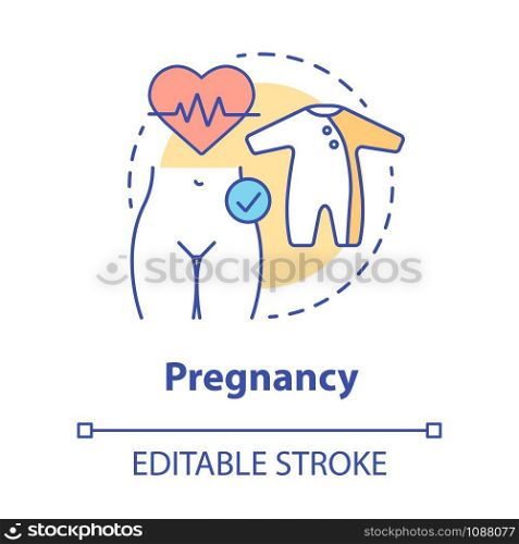 Pregnancy concept icon. Maternity idea thin line illustration. Prenatal care, women healthcare. Fertility, reproductive system. Baby clothes. Vector isolated outline drawing. Editable stroke