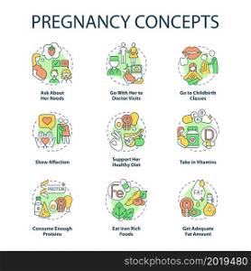 Pregnancy concept icons set. Expecting mother needs idea thin line color illustrations. Go with her to doctor visit. Childbirth class. Show affection. Vector isolated outline drawings. Editable stroke. Pregnancy concept icons set