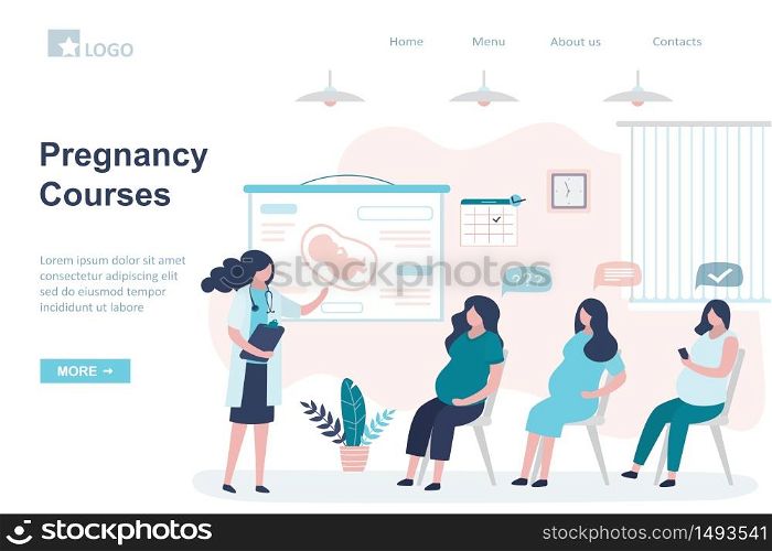 Pregnancy Courses landing page template. Maternity seminar banner. Group of pregnant women and doctor coach. Health care banner. Motherhood and medical education. Trendy vector illustration