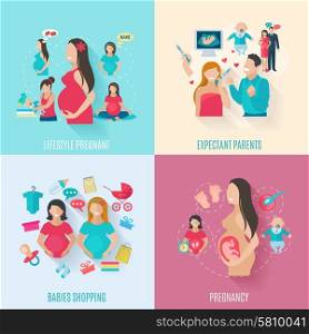 Pregnancy design concept set with parents and babies flat icons isolated vector illustration. Pregnancy Flat Icons