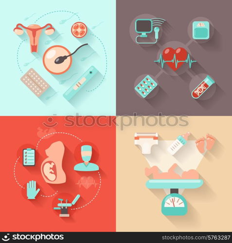 Pregnancy design concept set with woman anatomy delivery and maternity flat icons isolated vector illustration