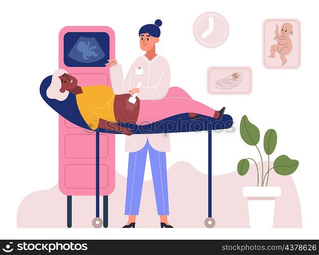 Pregnancy doctor appointment, prenatal medical care and examination. Prenatal doctor consultation, ultrasound appointment vector illustration. Pregnant woman visiting doctor for health checkup. Pregnancy doctor appointment, prenatal medical care and examination. Prenatal doctor consultation, ultrasound appointment vector illustration. Pregnant woman visiting doctor