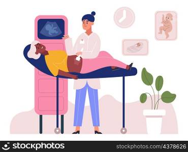 Pregnancy doctor appointment, prenatal medical care and examination. Prenatal doctor consultation, ultrasound appointment vector illustration. Pregnant woman visiting doctor for health checkup. Pregnancy doctor appointment, prenatal medical care and examination. Prenatal doctor consultation, ultrasound appointment vector illustration. Pregnant woman visiting doctor